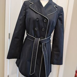 Stylish Navy Blue Ann Taylor Trench Coat with White Trim